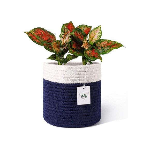 Other - Navy and White Woven Cotton Rope Plant Basket